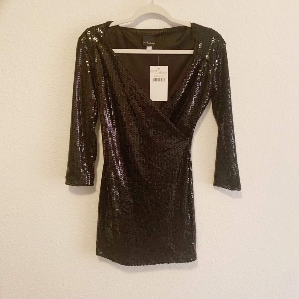 Black Sequins Wrap Dress